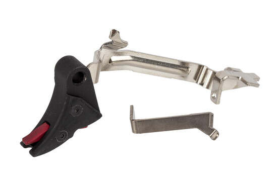 The Zev Technologies Glock aftermarket trigger kit is a drop in trigger with red safety lever